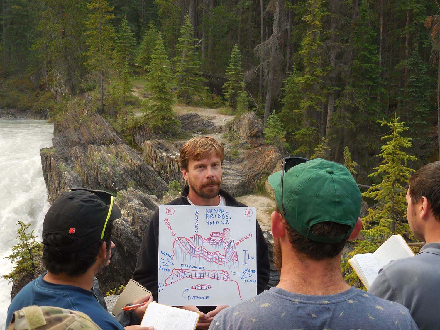 Person presenting diagram to crowd of people beside a river