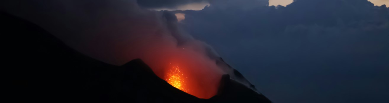 Night view of lava from volcano